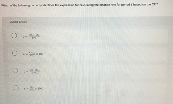 Which of the following correctly identifies the expression for calculating the inflation rate for period t, based on the CPI?