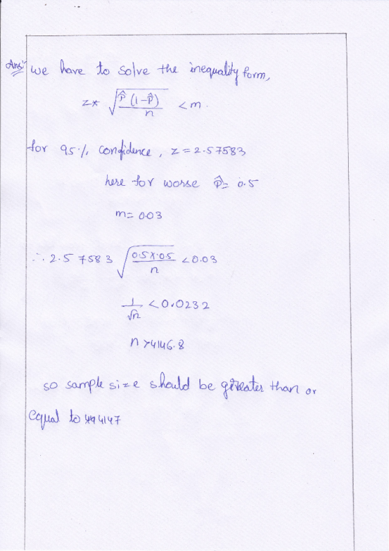 bewe have to Solve thi inequality form, trn < m OY 95./. Con O. S rn O 023 2 n >4146. so sampl six 0 sie shoud be iwater tha