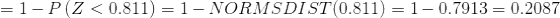 = 1-P\left ( Z<0.811 \right )=1-NORMSDIST(0.811) = 1-0.7913 = 0.2087