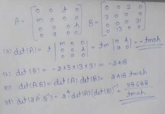 root 0 0 0 2 0 300 o 0 0 0 B 0 0 31 0 a 0 0 0 13 0 0 imo o (0) det (A)= too ha tom 10 h atmah Imo olotm la ol - (b) det (B) =