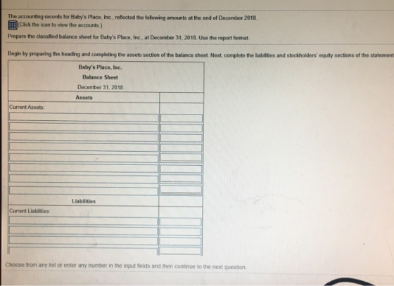 The accounting records for Babys Place, Inc., reflected the following amounts at the end of December 2018 (Click the icon to