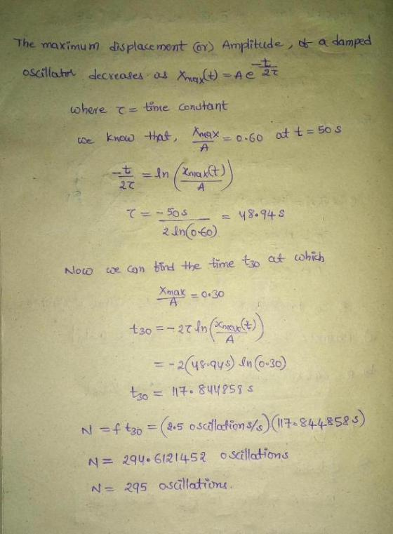 e maximum displacement ⑥) Amp批udeノg-adamped oscillatirt decreases os na-Ae ,2て 2C Nouw oe Con tn the time tso at cohich Xmax 0.30 too=-themes) 시= 29u-6121453 oscillations N= 295 oscillations.