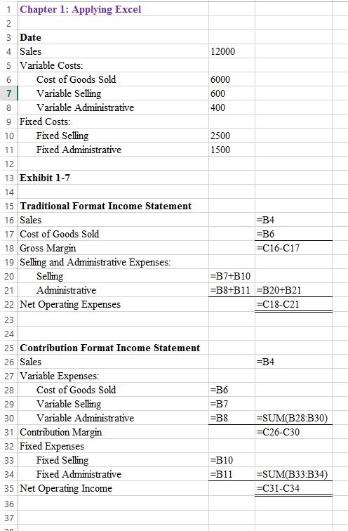 1 Chapter 1: Applying Excel 3 Date 4 Sales 5 Variable Costs: 12000 Cost of Goods Sold Variable Selling Variable Administrative 6000 600 400 9 Fixed Costs: 10 Fixed Selling 11 Fixed Administrative 12 13 Exhibit 1-7 2500 1500 15 Traditional Format Income Statement 16 Sales 17 Cost of Goods Sold 18 Gross Margin 19 Selling and Administrative Expenses 20 Selling 21 Administrative 22 Net Operating Expenses 23 -B4 -B6 -C16-C17 B7+B10 B8+B11 B20+B21 -C18-C21 25 Contribution Format Income Statement 26 Sales 27 Variable Expenses: 28 Cost of Goods Sold 29 Vriable Selling 30 Variable Administrative 31 Contribution Margin 32 Fixed Expenses 33 Fixed Selling 34 Fixed Administrative 35 Net Operating Income 36 37 -B4 -B6 -B7 B8 SUM(B28 B30) -C26-C30 -B10 B11 -SUM(B33 B34) -C31-C34