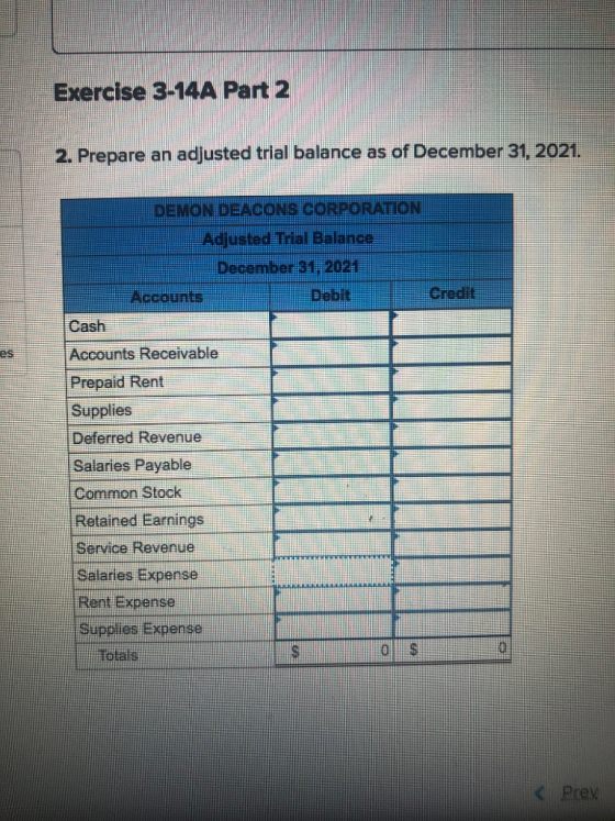 Exercise 3-14A Part 2 2. Prepare an adjusted trial balance as of December 31, 2021. Credit DEMON DEACONS CORPORATION Adjusted