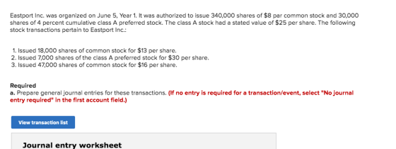 Eastport Inc. was organized on June 5, Year 1. It was authorized to issue 340,000 shares of $8 par common stock and 30,000 sh