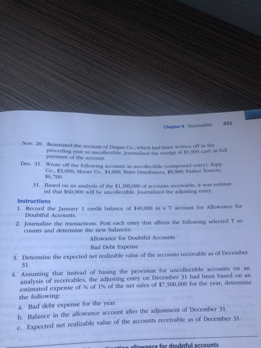 435 Chapter 9 Receivables Nov. 20. Reinstated the account of Dugan Co., which had been written off in the preceding year as u