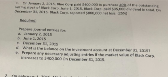1. On January 2, 2015, Blue Corp paid $400,000 to purchase 40% of the outstanding voting stock of Black Corp. June 1, 2015, B
