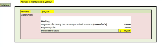 Answer is highlighted in yellow: Solution: $50,000 Answer: Explanation: Working: Negative E&P during the current period till
