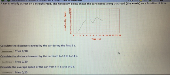 A car is initially at rest on a straight road. The histogram below shows the cars speed along that road (the x-axis) as a function of time. 18 12345679 18 11 12 13 14 Tise (s) Calculate the distance traveled by the car during the first 5 s utAer Tries 0/20 Calculate the distance traveled by the car from t-10 to t-14 s Suanit Answr Tries 0/20 Submit Answer Calculate the average speed of the car from t - 6 s to t-9 s. Arswer Tries 0/20