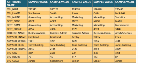 ATTRIBUTE SAMPLE VALUE SAMPLE VALUE SAMPLE VALUE SAMPLE VALUE SAMPLE VALUE NAME STU_NUM 211343 200128 199876 198648 223456 ST