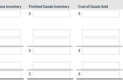 ess Inventory Finished Goods Inventory Cost of Goods Sold $ $ $ $ $