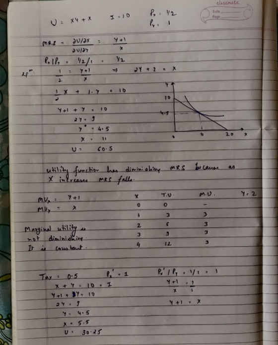 CLASSMATE U=XY+X 1-10 x = 1/2 Date Page Y+1 MRS - 20/ax 20/27 Pelly /2/1 1: Y+1 12 + am 2Y Y+ + Y = 10 24.9 y .4.5 20 U= 60.5