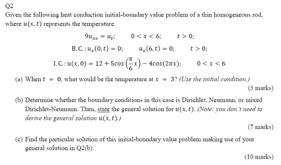 Q2 Given the following heat conduction initial-boundary value problem of a thin homogeneous rod, where u(x, t) represents the