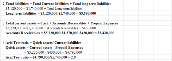 2 Total liabilities = Total Current liabilities + Total long term liabilities $5,120,000 = $1,740,000+ Total Long term liabil