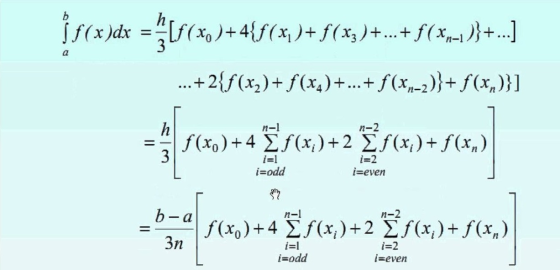 b a f(x)dx = $[F(xo)+4{f(x, J+f(x3) +...+ f(x-1)}+...] ...+2{f(x2)+ f(xx)+...+ f(x,-2)}+ f(x,)}] f(x)+4 Ef(x;)+2 Ef(x;)+F(x,