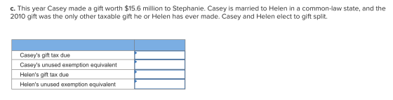 c. This year Casey made a gift worth $15.6 million to Stephanie. Casey is married to Helen in a common-law state, and the 201