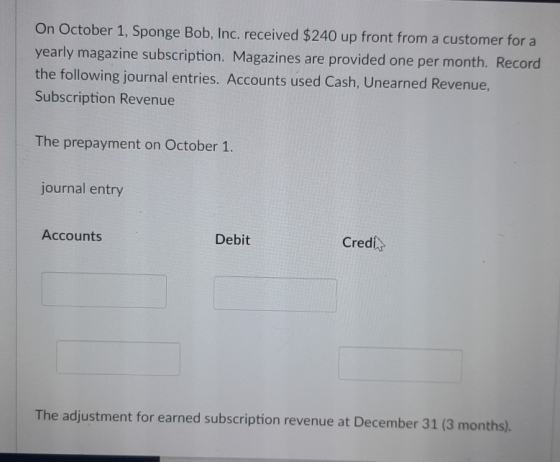 On October 1, Sponge Bob, Inc. received $240 up front from a customer for a yearly magazine subscription. Magazines are provi