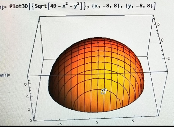 1}= Plot3D [{sqrt(49 – x? - y?]}, {X, -8, 8}, {y, -8, 8}] CT 4 N O 5 5 0