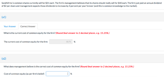 Sandhill Incs common shares currently sell for $31 each. The firms management believes that its shares should really sell f