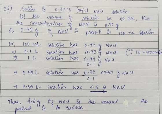 Saline § 0.92% (m/v) Nal solution. let the volume of solution be 100 nu, then the concentration of Nau is 0.92g. 0 0.92g Of N