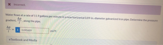 X Incorrect. Water flows at a rate of 11.9 gallons per minute in a new horizontal 0.89-in-diameter galvanized iron pipe. Dete