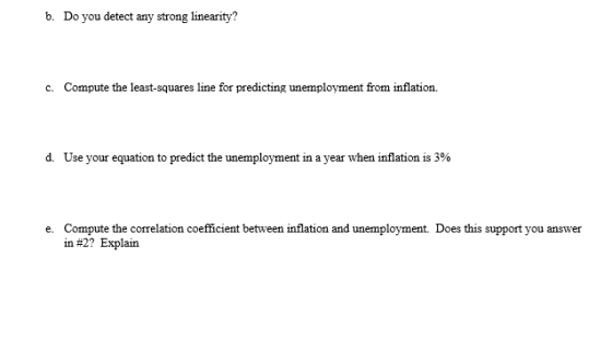 b. Do you detect any strong linearity? c. Compute the least-squares line for predicting unemployment from inflation. d. Use y