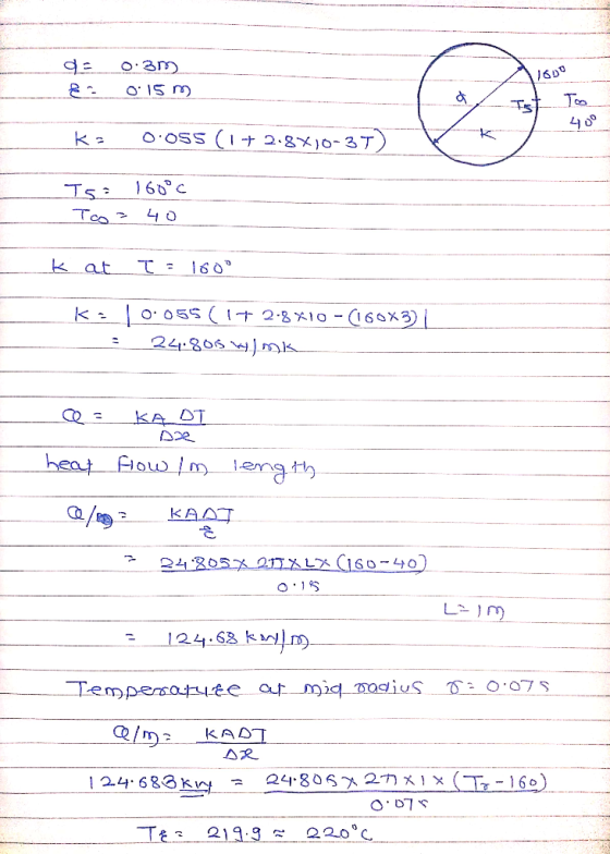 de 0.31 015 m) 1600 K: 0.05s (1+ 2.8X10-3T) Ts= 160°C Too = 40 K at T = 180° ka | 0.055 (1 + 2.8*10 -(160x3) ___ : 24.80514].