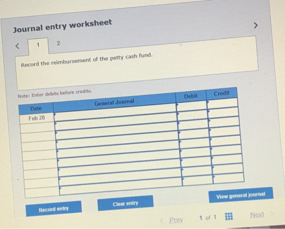 Journal entry worksheet < 1 2 Record the reimbursement of the petty cash fund. Note: Enter debits before credits. Debit Credi