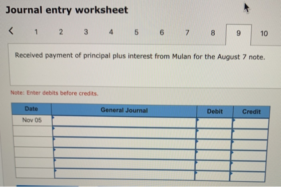 Journal entry worksheet < 1 2 3 4 5 6 7 910 Received payment of principal plus interest from Mulan for the August 7 note. Not