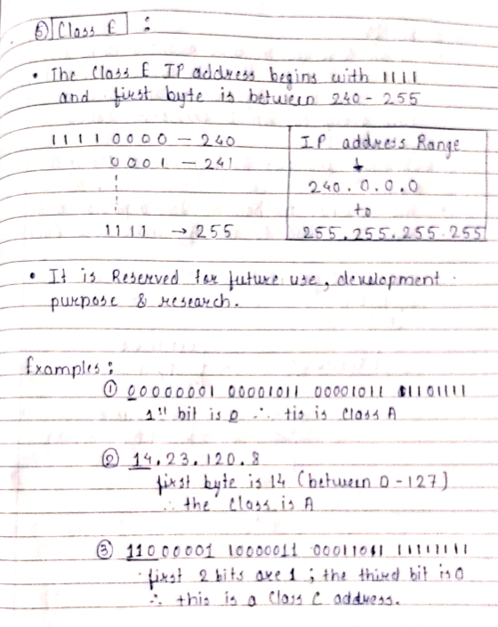 Classe: The class IP address begins with 11 and List byte is between 240 - 255 11110000 - 200 -241 IP address Range 240.0.0.0