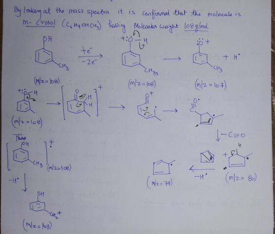 By looking at the mass spectra it is confirmed that the molecule is m-cresol (C. HY OH CH3) having Molecular weight lo8g/ml О