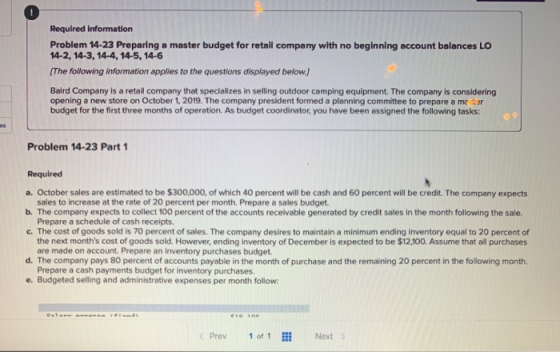 Required information Problem 14-23 Preparing a master budget for retail company with no beginning account balances LO 14-2, 1
