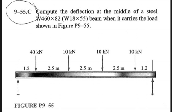 9-55.C Compute the deflection at the middle of a steel 460×82 (W 18×55) beam when it carries the load shown in Figure P9-55. 40 kN 10 kN 10 kN 10 kN 1.2 2.5 m 2.5 m 2.5 m 1.2 FIGURE P9-55