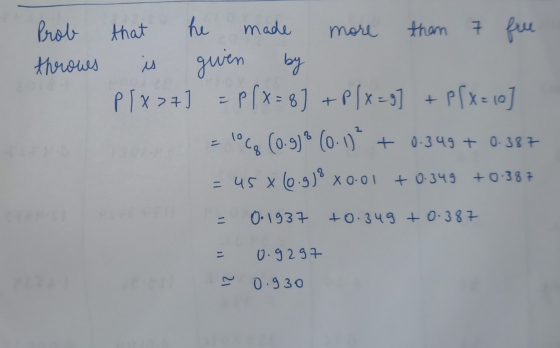 more given Prob that he made them 7 free throws is by Plx>77 = P(x=8] +P/x=8] + P(x=10] 10Gq (0.9)% (0.1) + 0.349 + 0-387 = 4