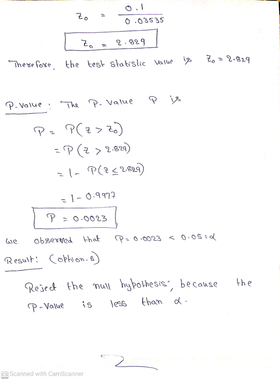 0.1 Zo 0.03535 zo 2 . 829 is Therefore the test statistic value Zo = 2.829 P. Value The P. Value P P(z > Zo) = P(Z > 2.829) =