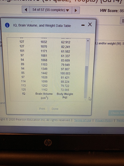 - Z) TOOP T IJ 54 of 57 (55 complete) HW Score: 86 0 IQ, Brain Volume, and Weight Data Table and/or weight (W). 1032 62.912 1