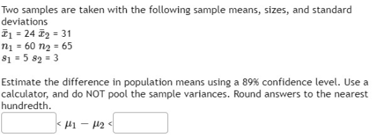 Two samples are taken with the following sample means, sizes, and standard deviations 21 = 24 m2 = 31 ni = 60 n2 = 65 $1 = 5