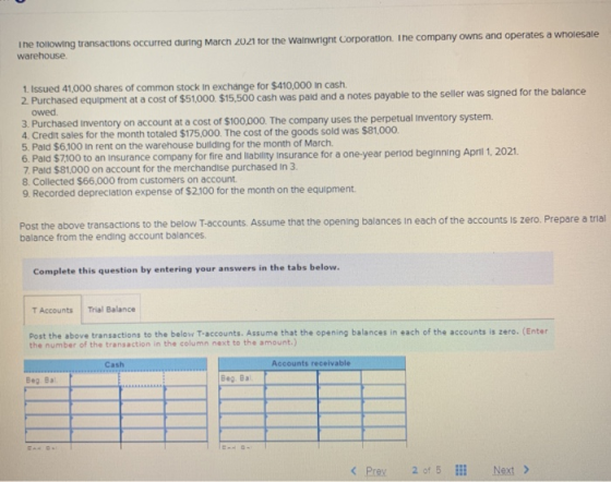 The following transactions occurred during March 2021 for the Wainwright Corporation. The company owns and operates a wholesa