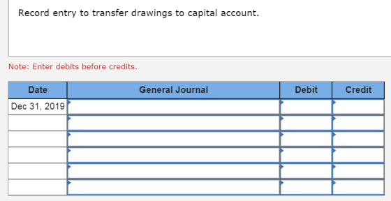 Record entry to transfer drawings to capital account. Note: Enter debits before credits Date General Journal Debit Credit Dec