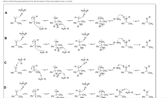 Which of the following mechanisms for the formation of the most stable imine is correct? H2NER HƏN=R A H R R Hö: CH3 COM2 R-N