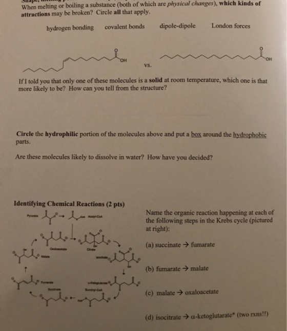 When melting or boiling a substance (both of which are physical changes), which kinds of attractions may be broken? Circle al