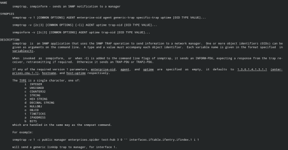 NAME snmptrap, snmpinform - sends an SNMP notification to a manager SYNOPSIS snmptrap -V 1 [COMMON OPTIONS] AGENT enterprise-