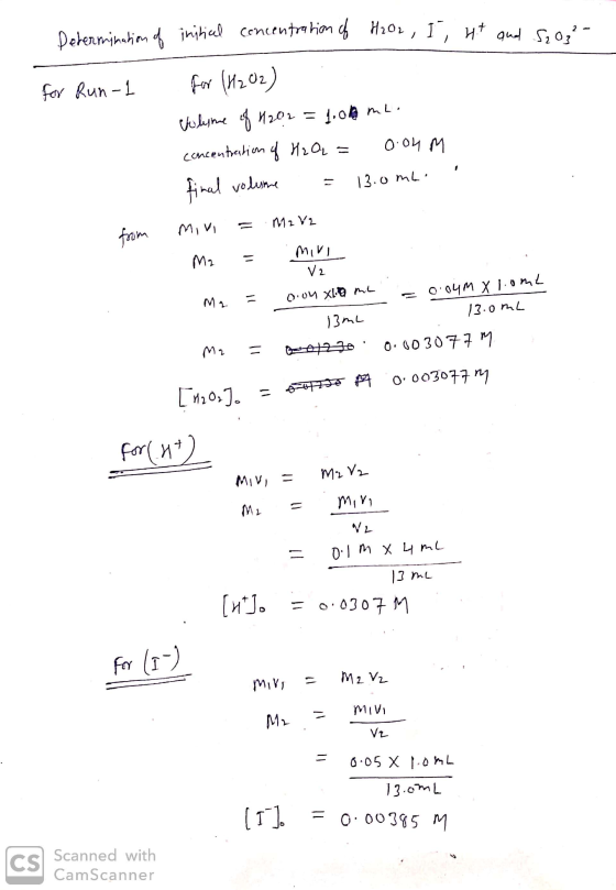 Cono Determination of initial concentration of H2O2, I , ut and so, ²- for Run-1 for (H2O2) Vilyme of 1202 = 1.00 mL. concent