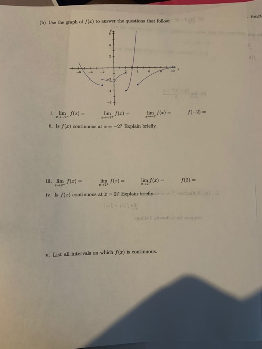 funct (b) Use the graph of f(x) to answer the questions that follow: 10+ i. lim f(x) lim /(x) = lim f(x) = f(-2) - ii. Is f(x