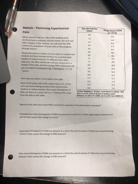 Meiosis - Examining Experimental Data Tre after Induction Aretage Amount of DNA per Cell 24.0 When nutrients are low, cells o