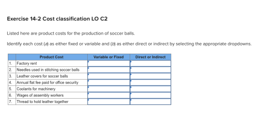 Exercise 14-2 Cost classification LO C2 Listed here are product costs for the production of soccer balls. Identify each cost