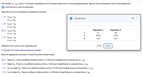 Test whether 14 <H2 at the c = 0.05 level of significance for the sample data shown in the accompanying table. Assume that th