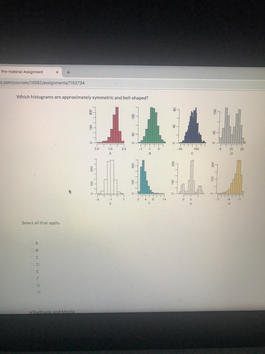 Pre-material Assignment+ s.com/courses/14882/assignments/1152734 Which histograms are approximately symmetric and bell-shaped? 8 00 0 20 1 13 5 15 25 04814 Select all that apply