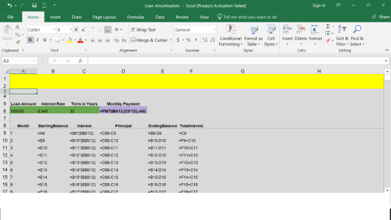 Loan Amortization Excel (Product Activation Failed) Sign in - File Home InsertDrawPage Layout FormulasData Review View Tell me what you want to do Share Calibri 25, Wrap Text General ▼ 田EE Paste ta Merge & Center-5 . % , 4,04% Conditional Format as Cell Insert Delete Format . Sort & Find & Formatting Table Styles Styles Filter-Select- Clipboard Alignment Number Cells Editing АЗ 4 5 6 Loan Amount Interest Rate Term in YearsMonthly Payment PMT(B6/12,(C6 12),.A6) 8 Month StartingBalance Interest Principal EndingBalance -B9-D9 B10-D10 -B11-D11 =B12-D12 =B13-D13 B14-D14 B15.D15 B16-D16 -R17-n17 Totallnterest FA6 10 2 11 3 12 4 13 5 14 6 15 7 16 8 17 9 -F9 C10 -F10+C11 -F11+C12 F12+C13 -F13+C14 ·F14+C15 -F15+C16 -F18+017 -B10(BS6/12) -B11 (B$5/12) ·DSS-C 10 E10 =E11 E12 FE13 E14 E15 -F16 DS8-C11 B13 (B$6/12) DS8-C13 -814(B$6/12) =DS6-C14 B15 B$612) DS6-C15 -B16 (B$8/12) DS8-C16