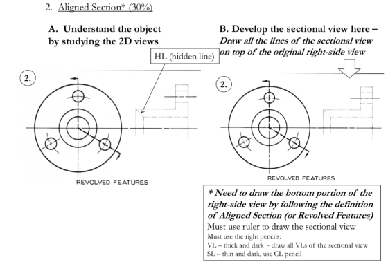 2. Aligned Section* (30%) A. Understand the object by studying the 2D views HL (hidden line) B. Develop the sectional view he